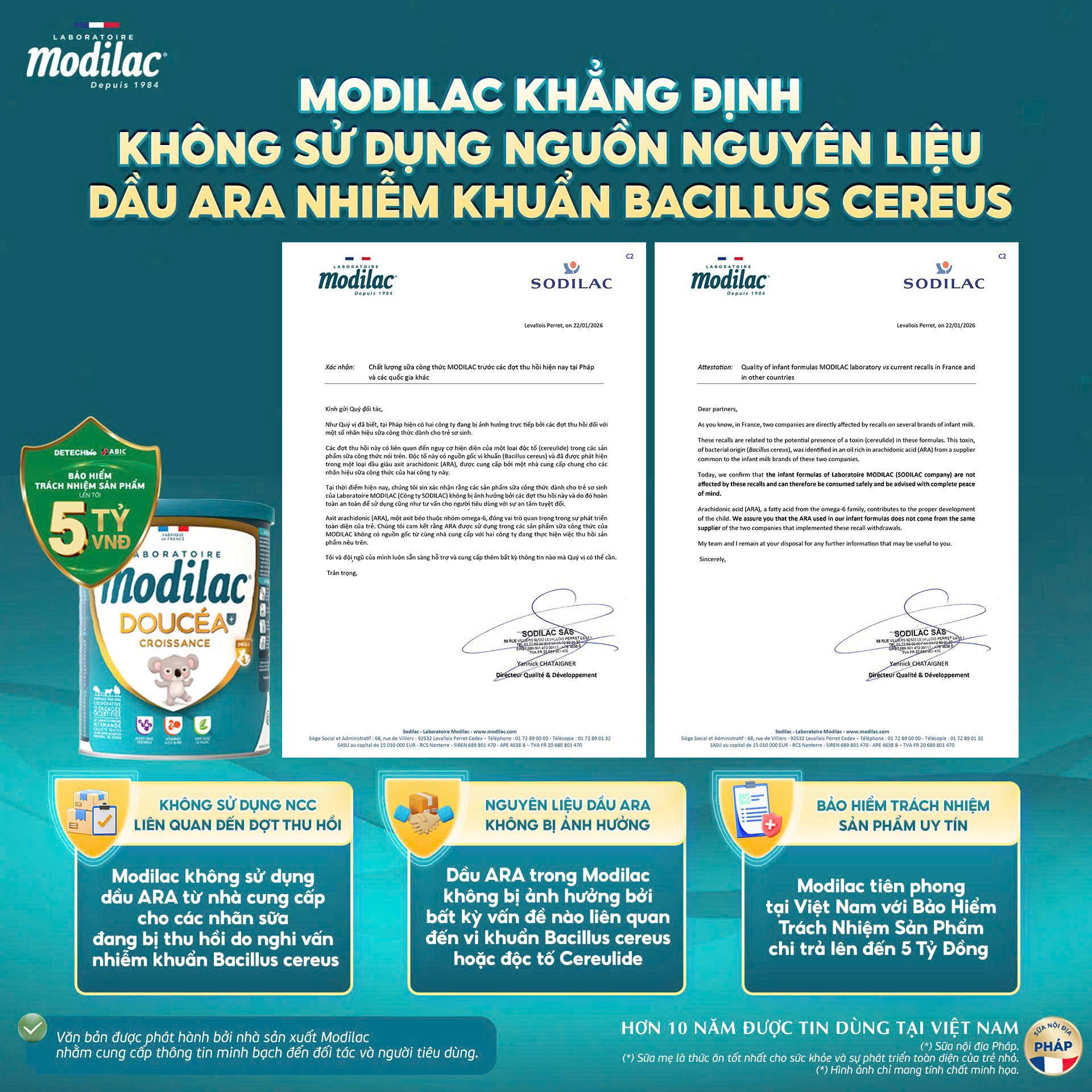 MODILAC KHẲNG ĐỊNH KHÔNG SỬ DỤNG NGUỒN NGUYÊN LIỆU DẦU ARA - (Arachidonic Acid) NHIỄM KHUẨN BACILLUS CEREULIDE 